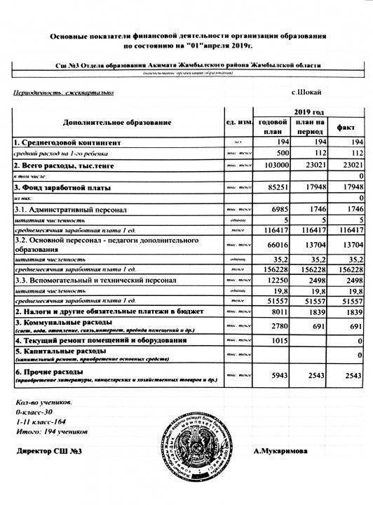 Основные показатели финансовый деятельности организации образование по состаянию но "01" апреля 2019